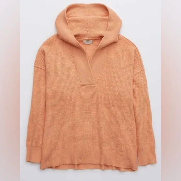 Aerie Cozy Up Waffle Hooded Peach Sweater - Picture 2 of 6